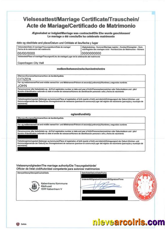 Denmark international marriage certificate